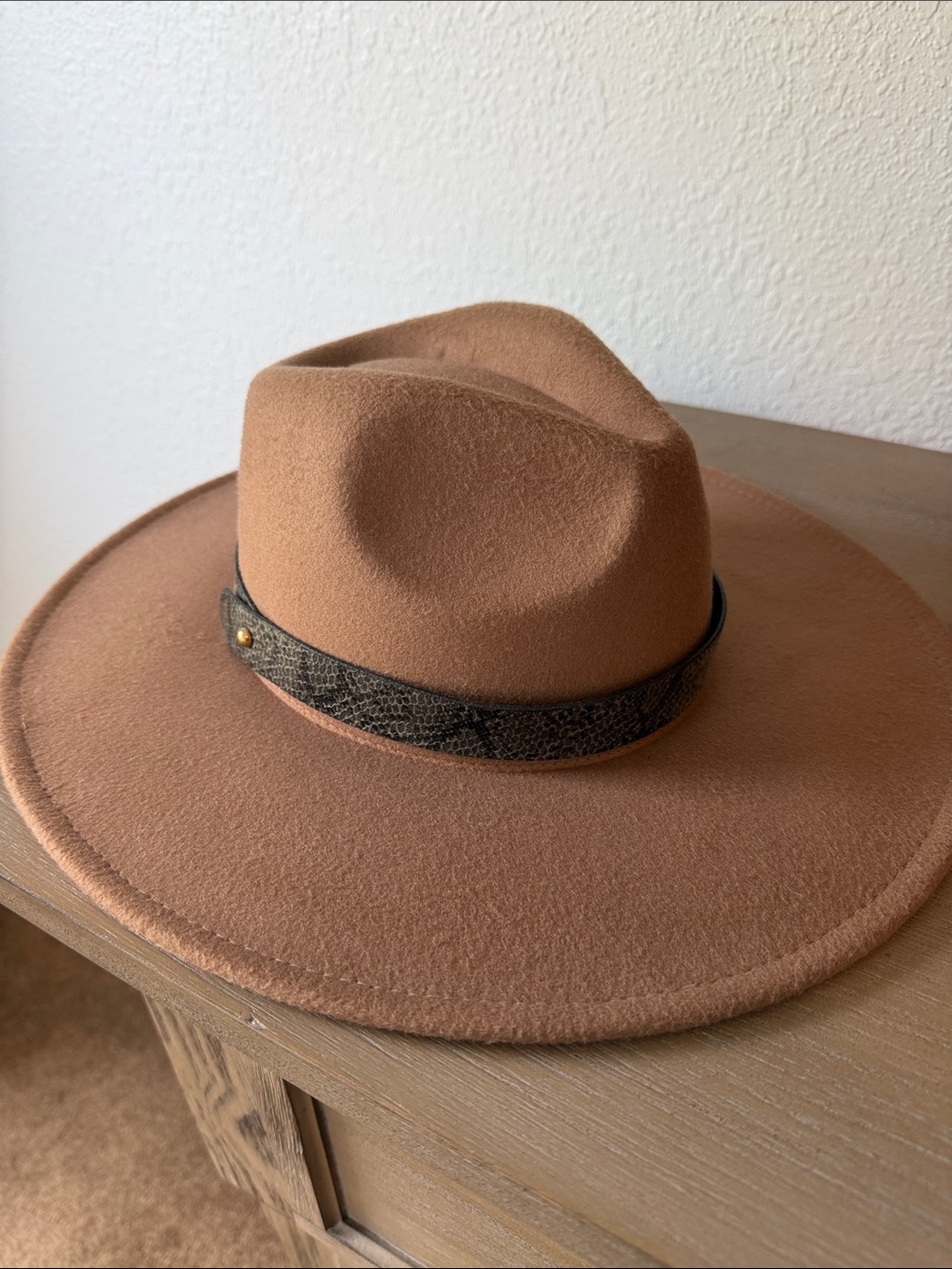 Wide Brim Brown Felt Fedora Hat with Leather Band
